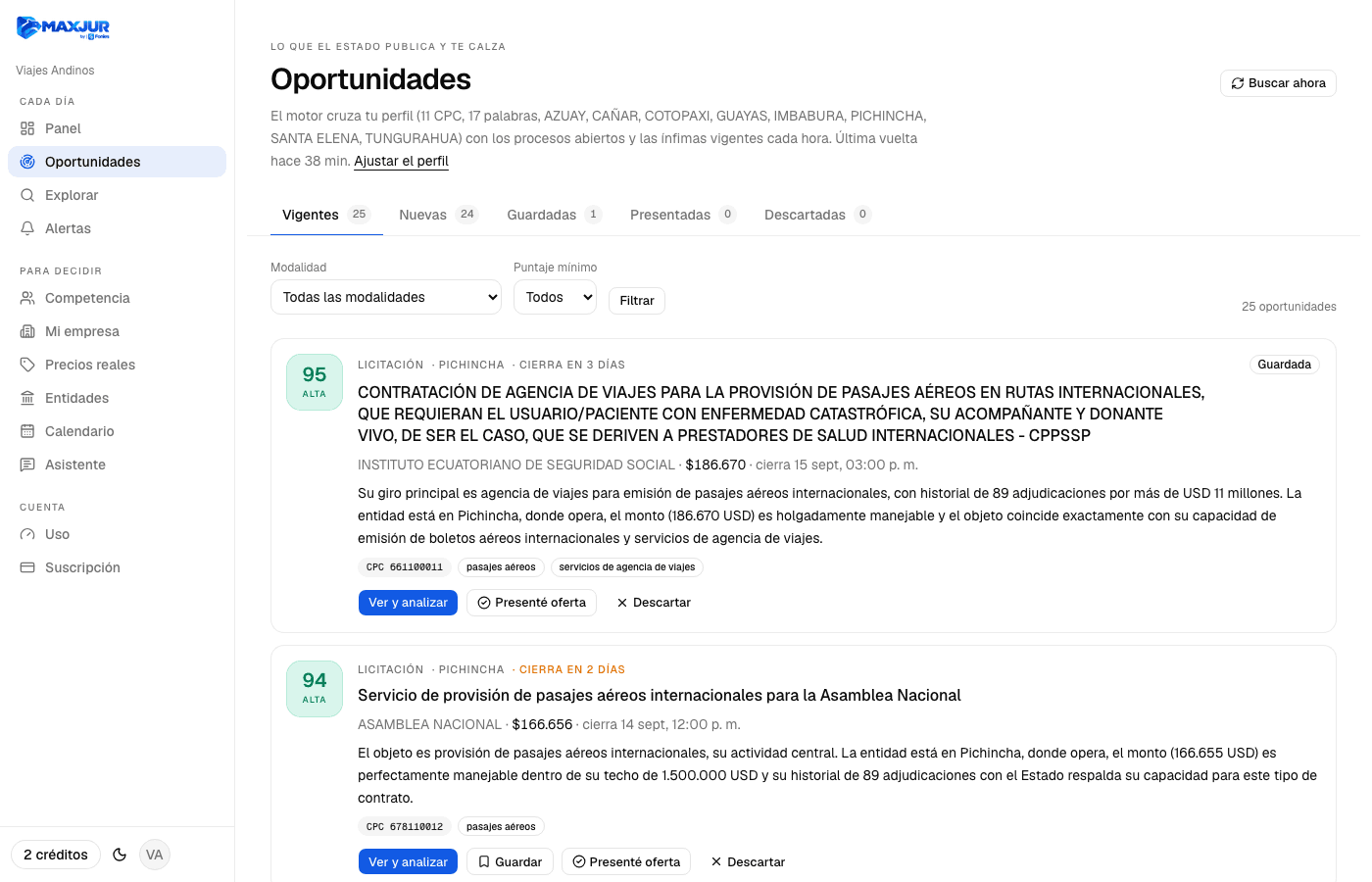 La pantalla de oportunidades: una lista de procesos con su puntaje, la modalidad, la entidad, el presupuesto, cuándo cierra y el motivo por el que calza con la empresa.