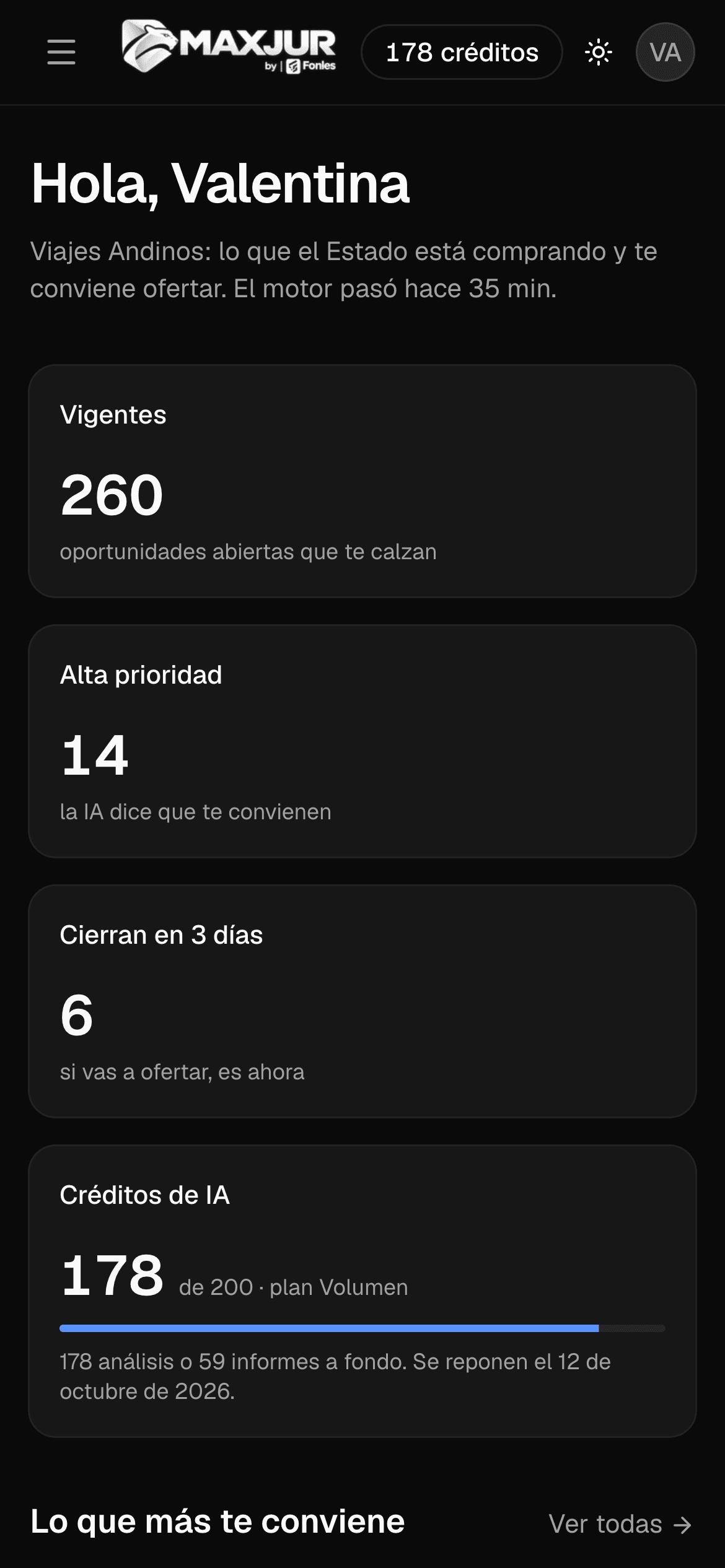 El panel de MAXJUR en el teléfono: oportunidades vigentes, las de alta prioridad según la IA, las que cierran pronto y los créditos que quedan.